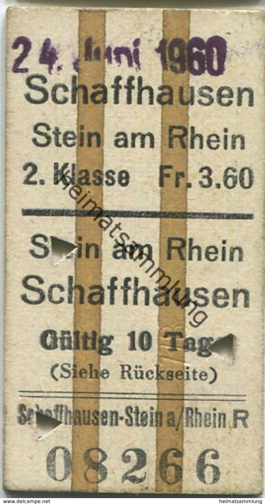 Schweiz - Schaffhausen Stein Am Rhein Fahrkarte 1960 - Rückseitig Rückfahrt Auch Mit Bahn Von Oder Nach Stein Oder Hemis - Europa