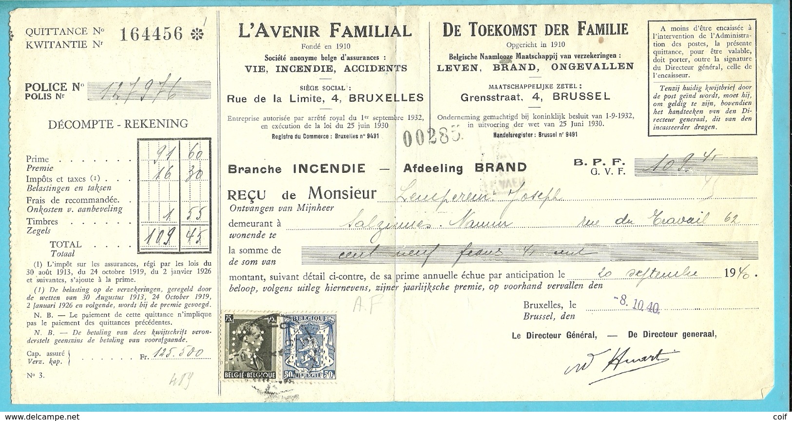 426+480 + Verso Fiscalezegel Op Recu Stempel BRUXELLES, Met Firmaperforatie (perfin) " A.F." L'AVENIR FAMILIAL - 1934-51