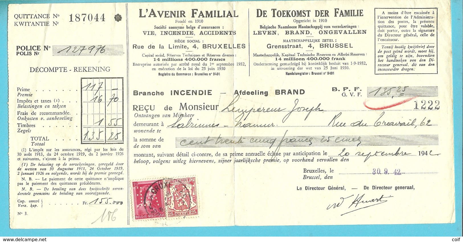 423+528 + Verso Fiscalezegel Op Recu Stempel BRUXELLES, Met Firmaperforatie (perfin) " A.F." L'AVENIR FAMILIAL - 1934-51