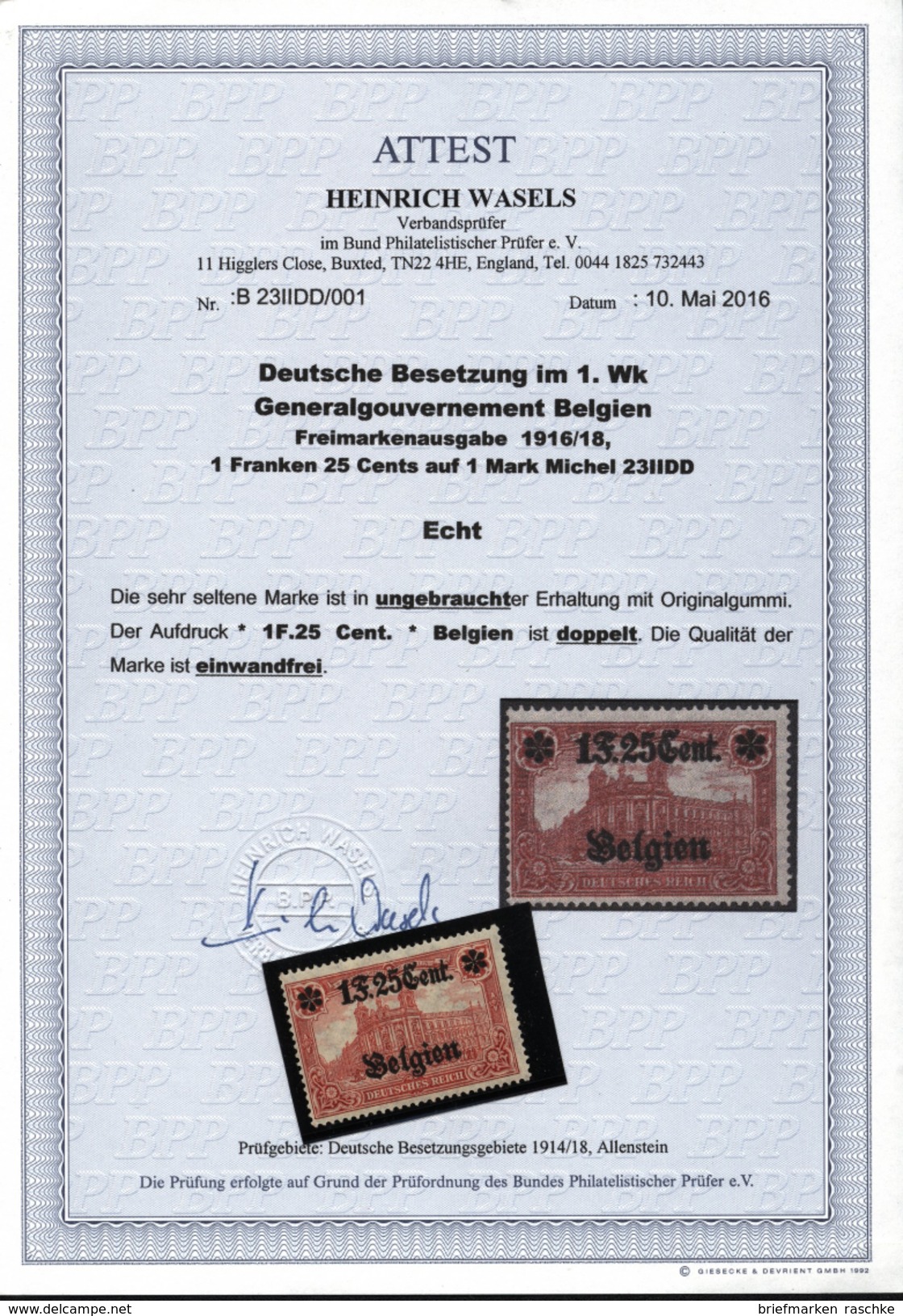 Belgien,23 IIDD,ungebraucht,Attest BPP,nur Wenige Stücke Bekannt - Besetzungen 1914-18