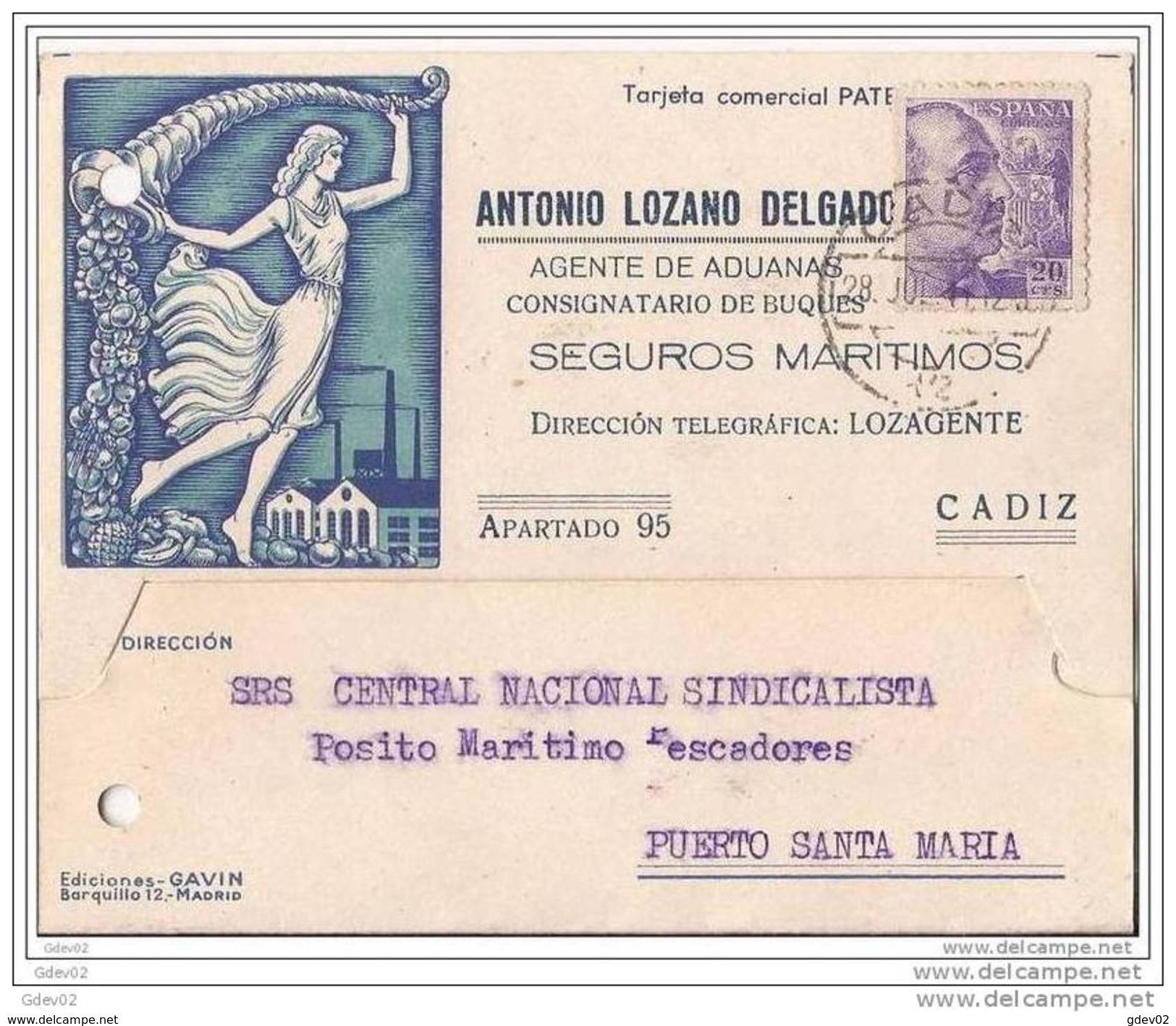 ESTA867-LT105TAD.CARTA TARJETA PUBLICITARIA Agente De Aduanas,DE CADIZ A PUERTO DE STA MARIA.1941,(Ed 867).MUY BONITA - Aduana