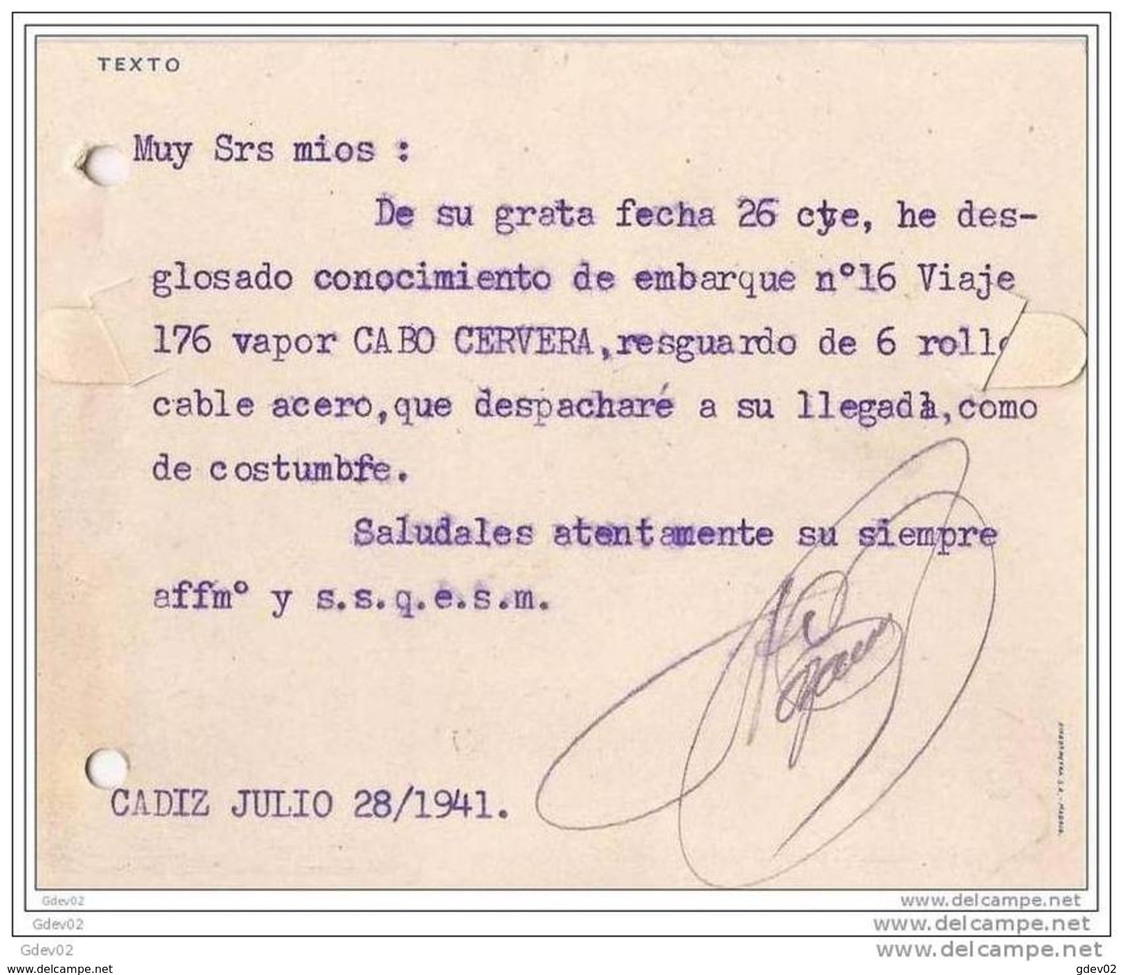 ESTA867-LT105TSI.CARTA TARJETA PUBLICITARIA Agente De Aduanas,DE CADIZ A PUERTO DE STA MARIA.1941,(Ed 867).MUY BONITA - Labor Unions