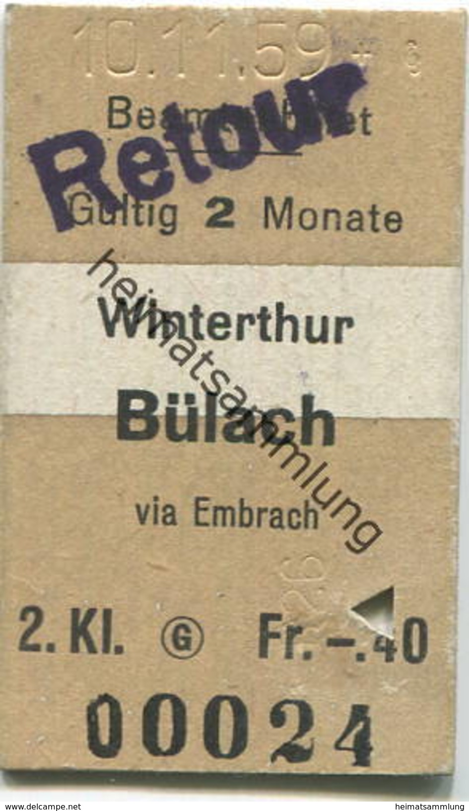 Schweiz - Beamtenbillet - Winterthur Bülach Stempel Retour - Fahrkarte 2. Kl. 1959 - Europe