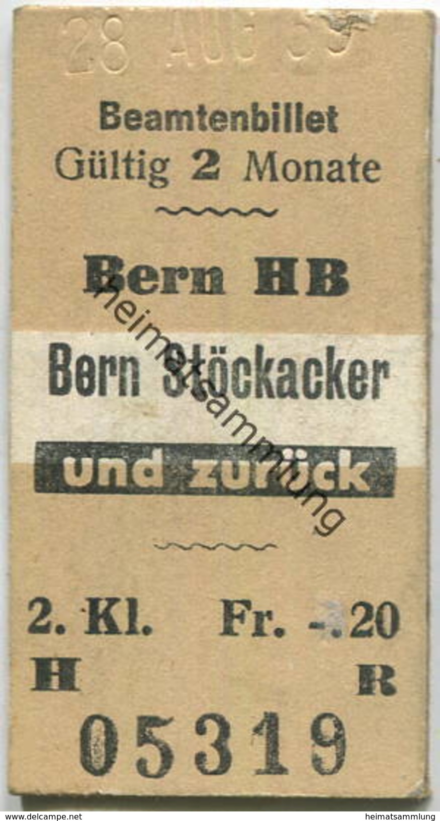 Schweiz - Beamtenbillet - Bern HB Bern Stöckacker Und Zurück - Fahrkarte 2. Kl. 1959 - Europa