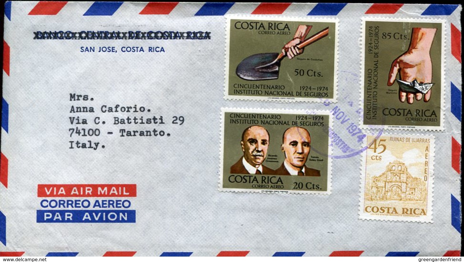 18205 Costa Rica,  Circuled Cover 1974 From San Jose To Italy - Costa Rica