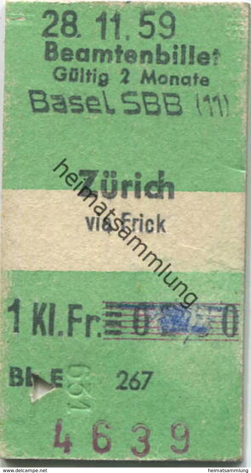 Schweiz - Beamtenbillet - Basel SBB Zürich Via Frick - Fahrkarte 1. Kl. 1959 - Europe