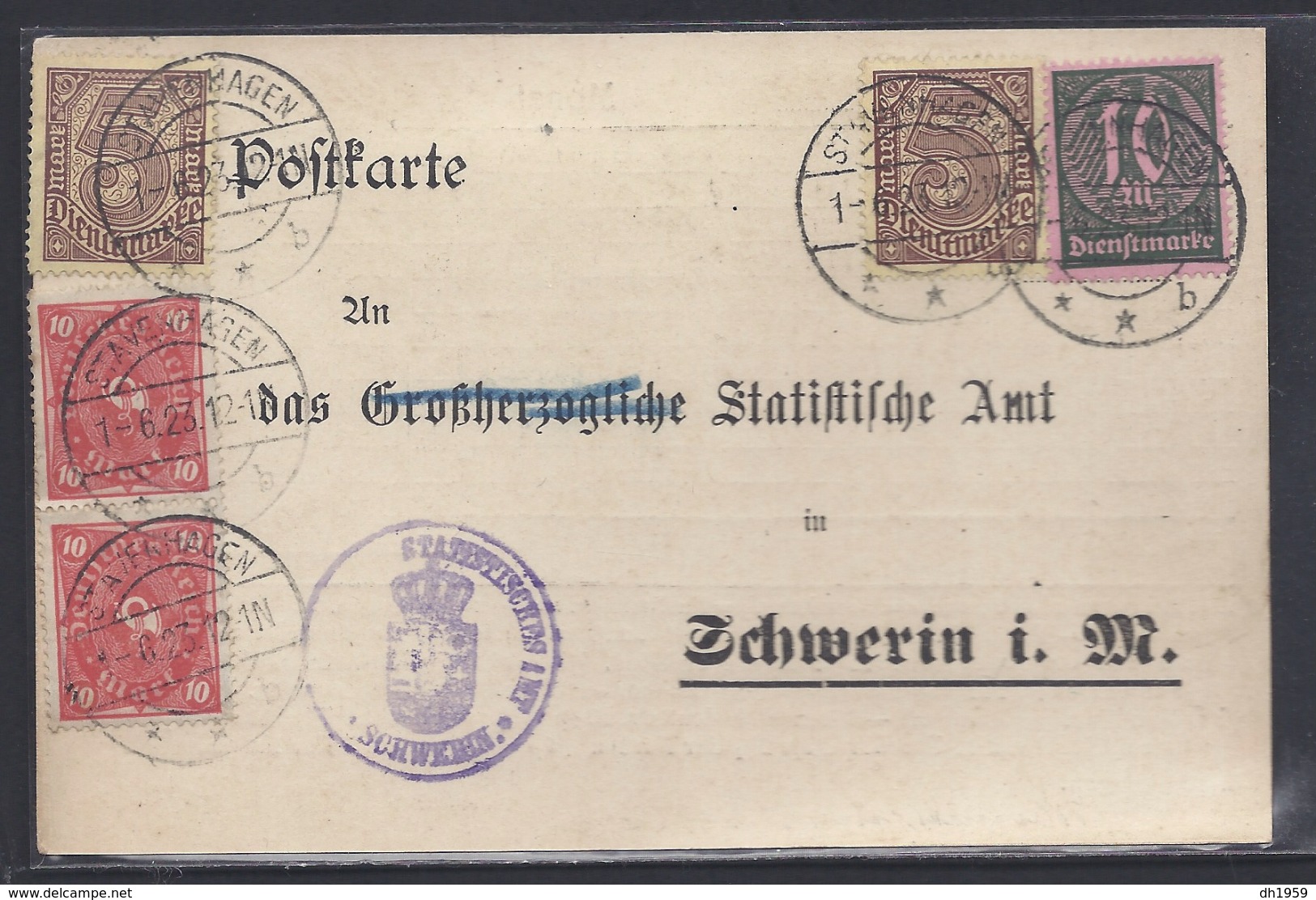 POSTKARTE Nach SCHWERIN DIENSTMARKEN SERVICE MECKLENBURG STATISTISCHES AMT METEOROLOGIE WETTER MAI 1923 - Schwerin