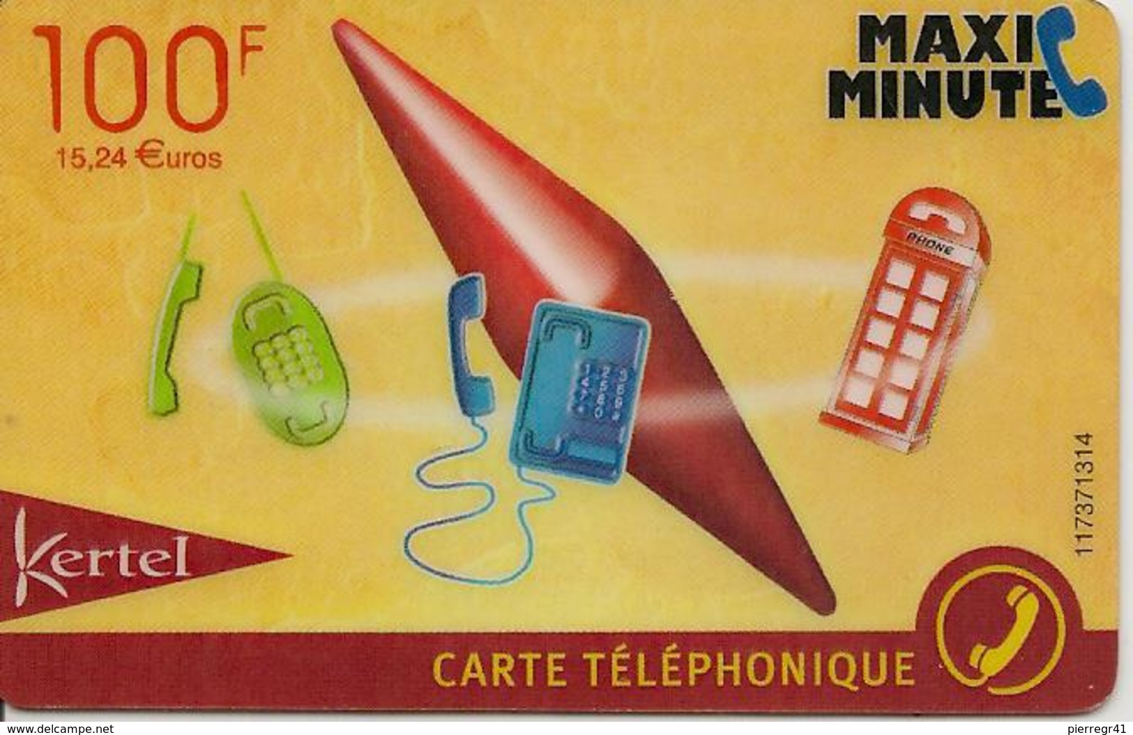 CARTE-PREPAYEE-KERTEL-MAXI MINUTE-100F-15.24&euro;-FRANCE--CAROTTE-CABINE-V°- N° Code En HAUT-TB E - Autres & Non Classés