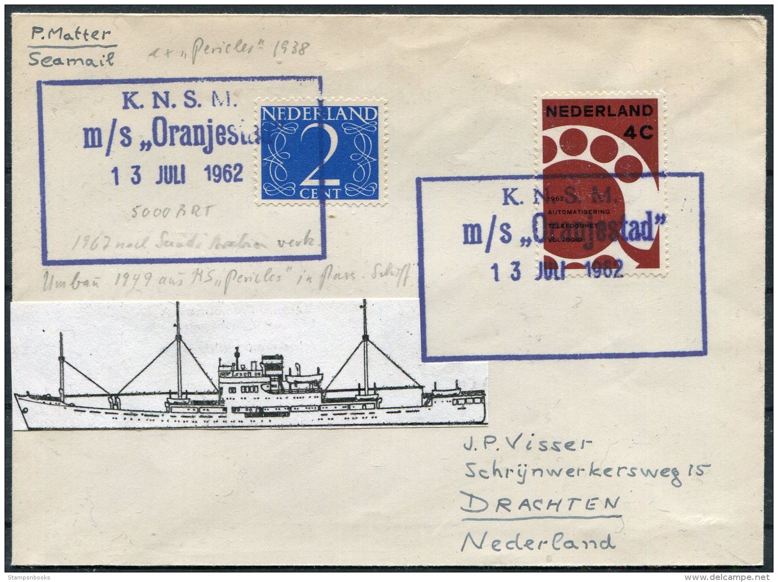 1962 Netherlands Holland K.N.S.M. M/S ORANJESTAD Ship Cover - Covers & Documents