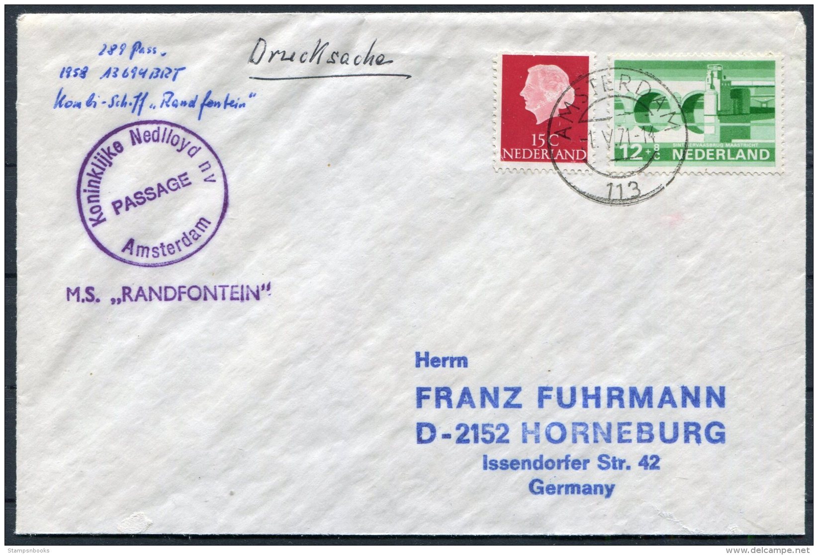 1971 Netherlands Holland Amsterdam Ship Cover M.S. RANDFONTEIN NedLloyd - Covers & Documents