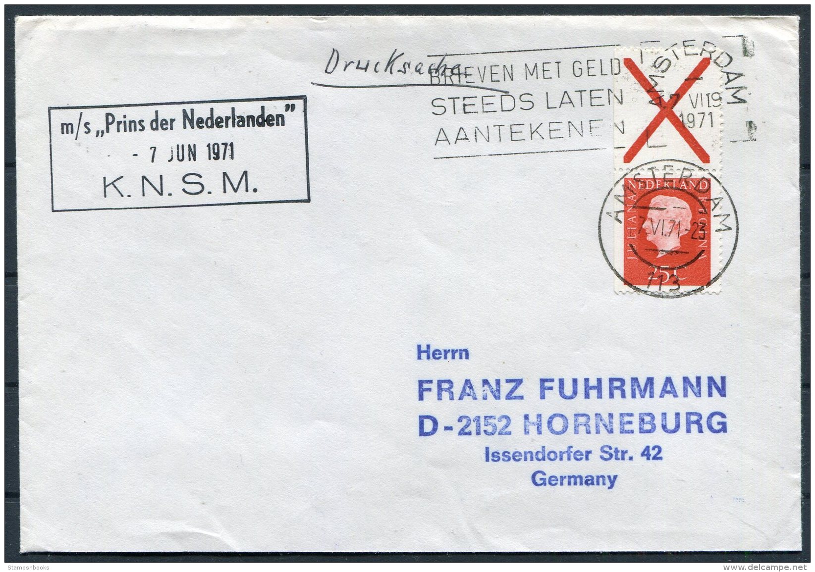 1971 Netherlands Holland Amsterdam Ship Cover R.N.S.M. M/S PRINS DER NEDERLANDEN - Covers & Documents