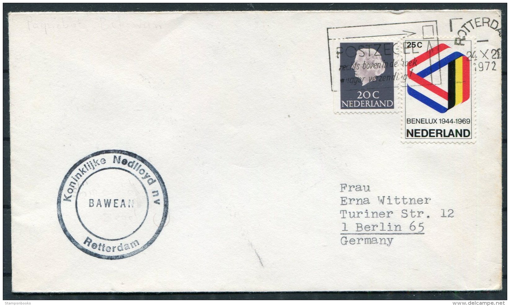 1972 Netherlands Holland Ship Cover. Rotterdam BAWEAN - Covers & Documents