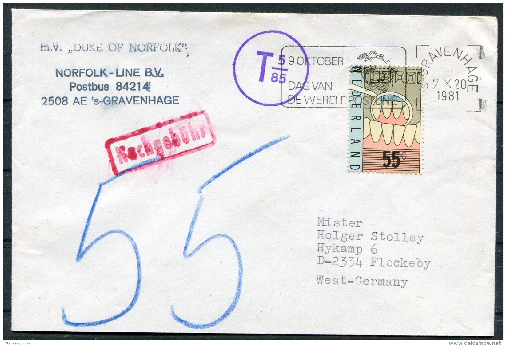 1981 Netherlands Holland Ship Cover. 'duke Of Norfolk' Norfolk Line Taxe,Postage Due - Germany - Covers & Documents