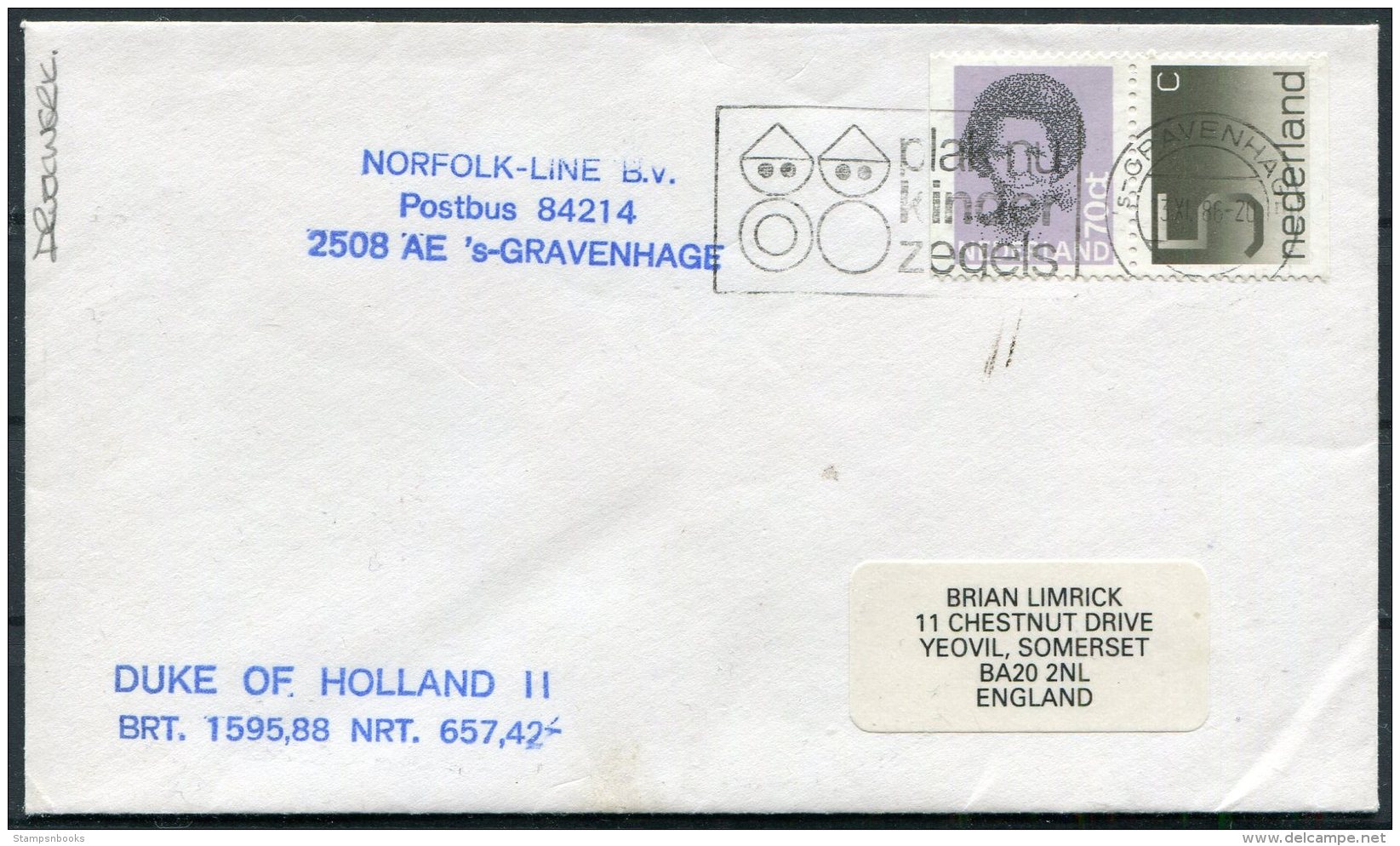 1986 Netherlands Holland Ship Cover. DUKE OF HOLLAND 2 - Covers & Documents