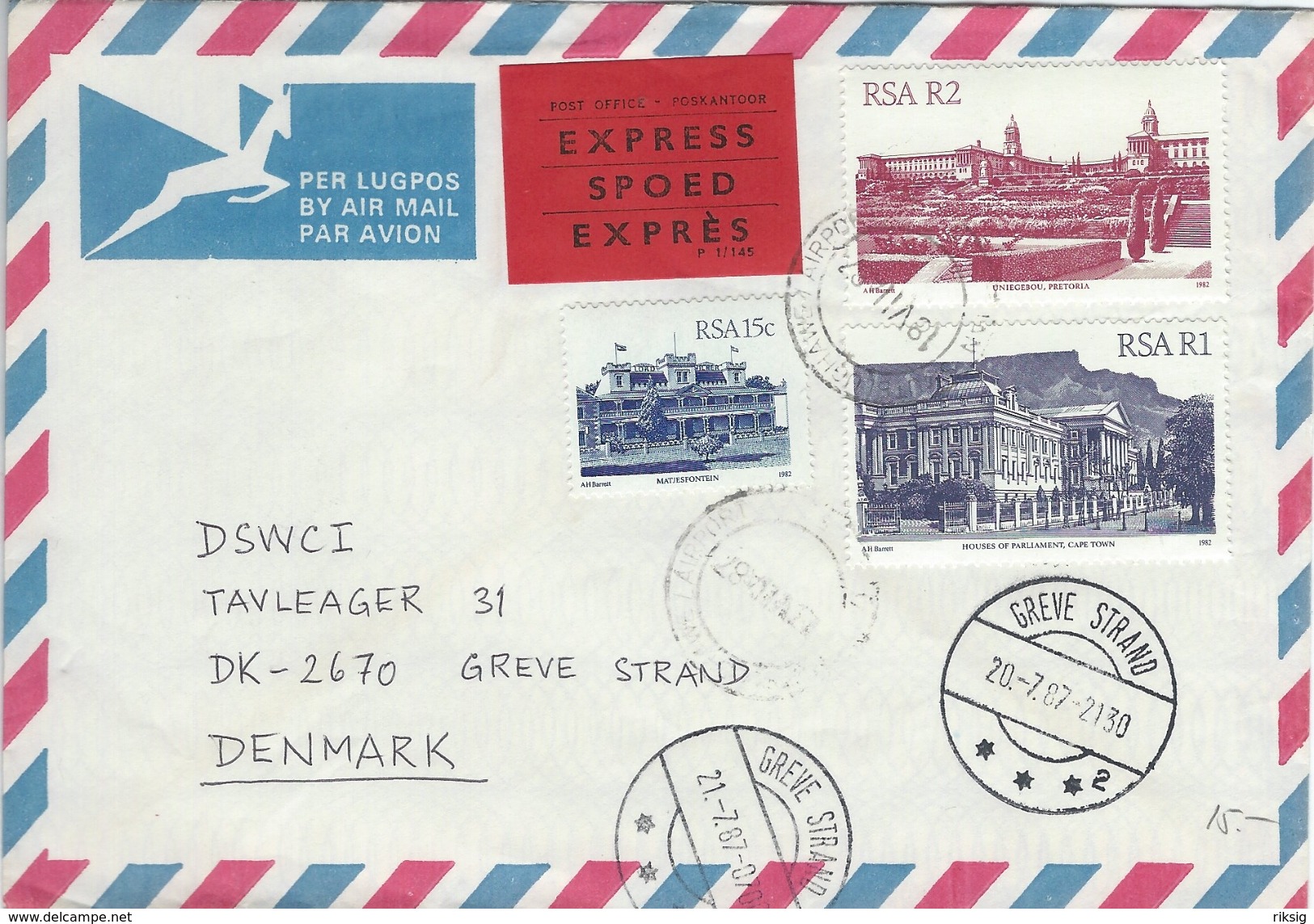 South Africa - Airmail - Express Letter. Sent To Greve Strand  Denmark 1987.  H-730 - Aéreo