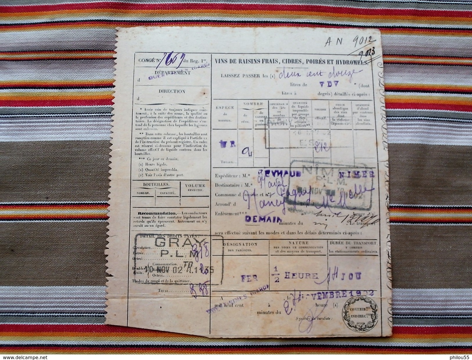 30 54 70 1902 document de transport de marchandises CHEMINS DE FER PLM + conge
