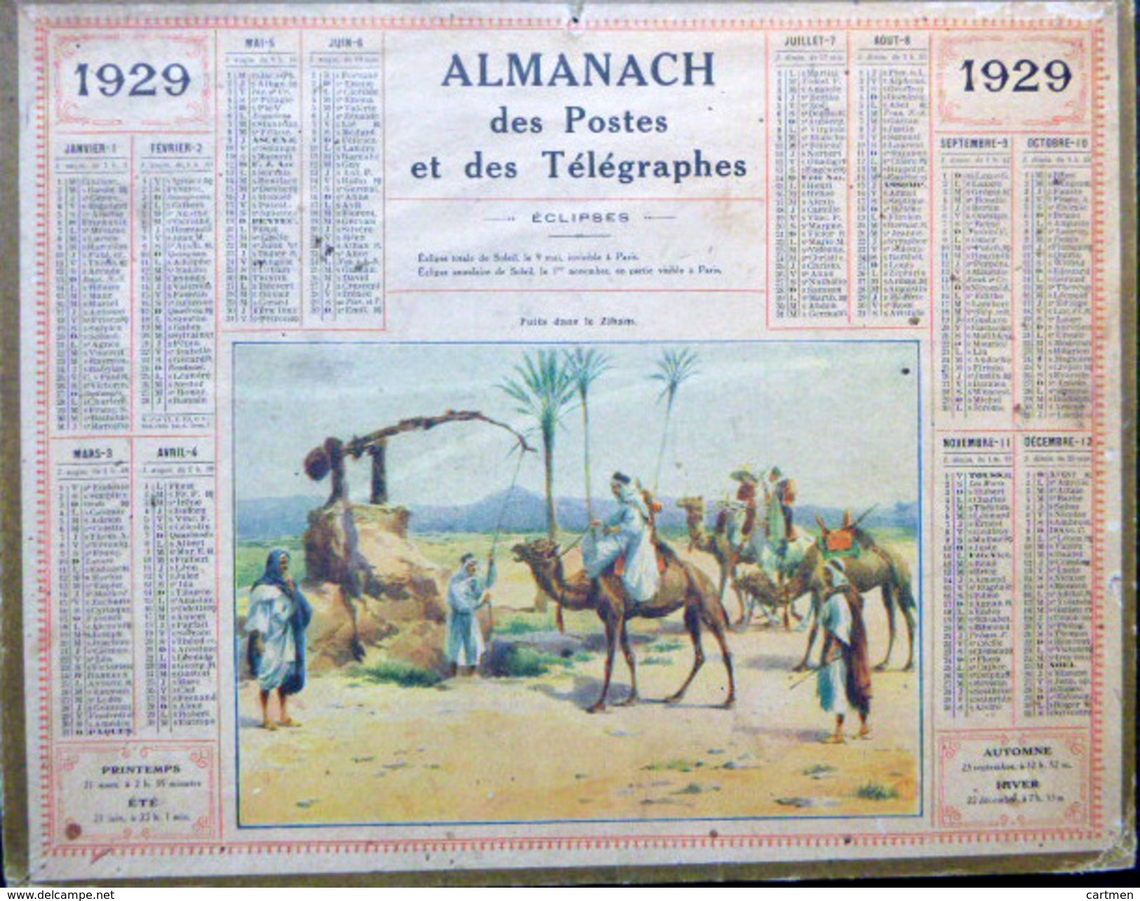 CALENDRIER ALMANACH DES POSTES PTT 1929 PUITS DANS LE ZIHAM  DEPARTEMENT DE HAUTE LOIRE   POSTES ET TELECOMMUNICATION - Groot Formaat: 1921-40