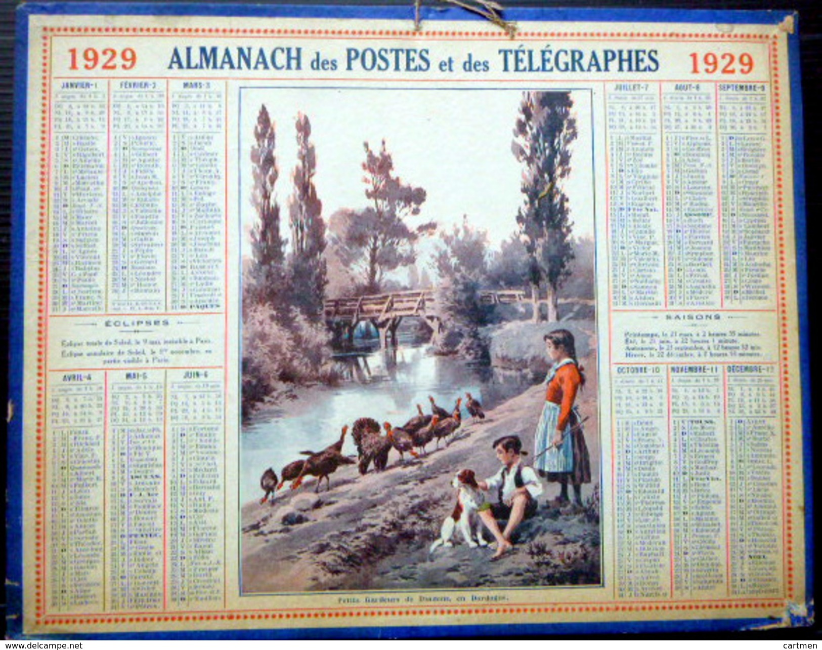 CALENDRIER ALMANACH DES POSTES PTT 1929 GARDEURS DINDONS EN DORDOGNE  DEPARTEMENT DU RHONE   POSTES ET TELECOMMUNICATION - Grand Format : 1921-40