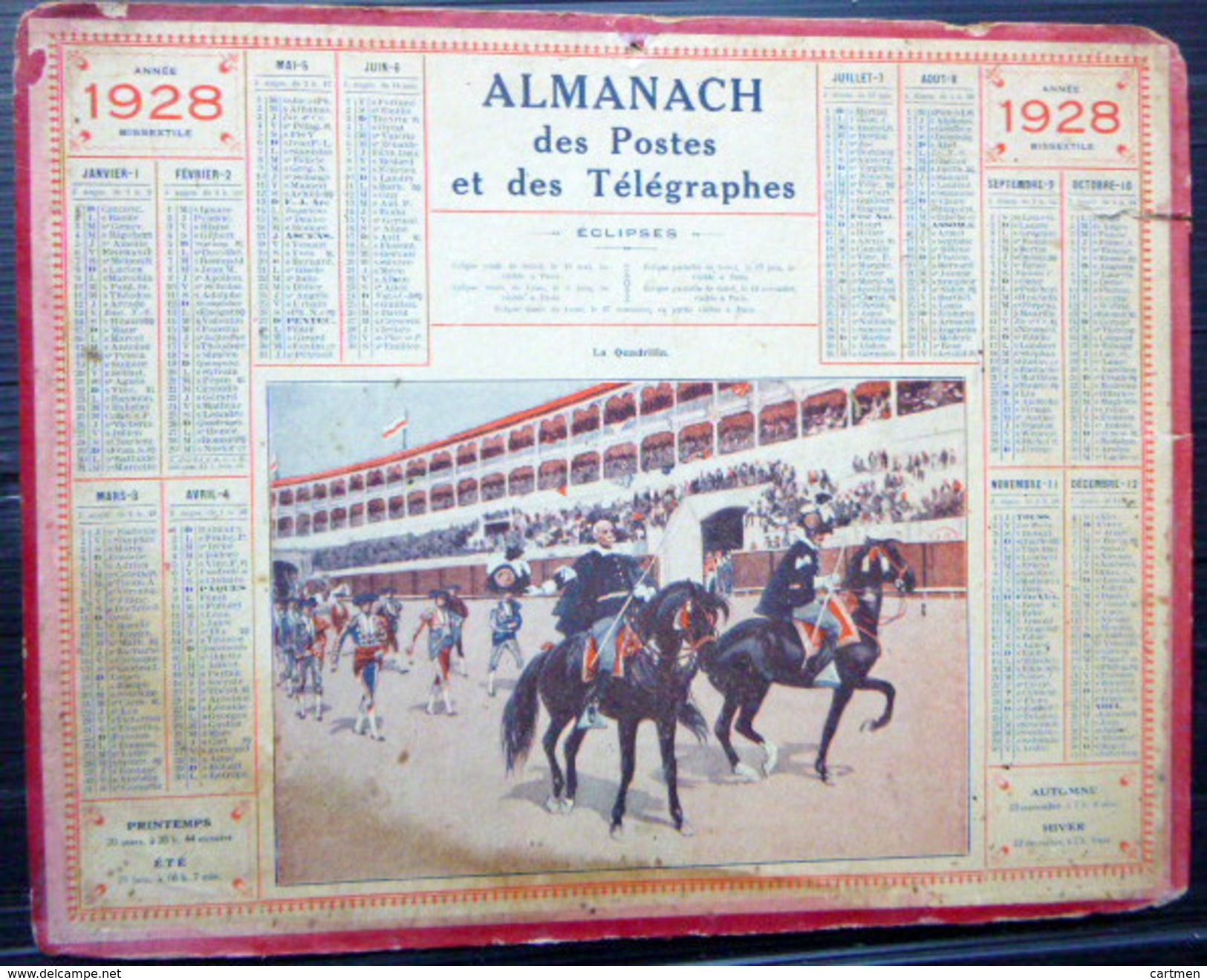 CALENDRIER ALMANACH DES POSTES PTT 1928 LA QUADRILLE    POSTES ET TELECOMMUNICATION - Tamaño Grande : 1921-40