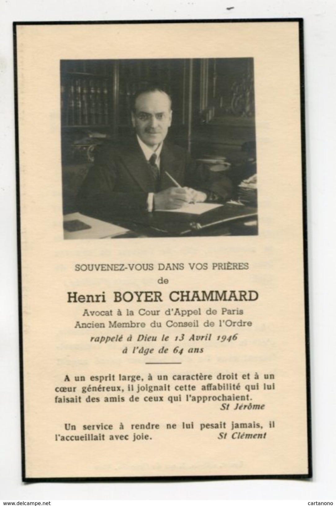 Carte De Deuil - Henri Boyer CHAMMARD Avocat à La Cour D'Appel De Paris 1946 - Esquela