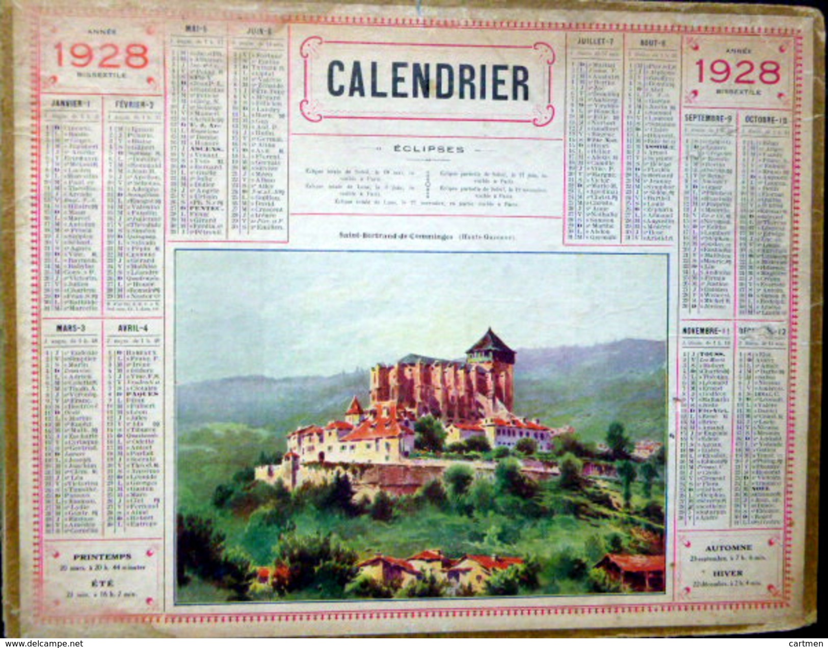 CALENDRIER ALMANACH DES POSTES PTT 1928  ST BERTRAND DE COMMINGES  DEPARTEMENT DU CANTAL POSTES ET TELECOMMUNICATION - Grand Format : 1921-40