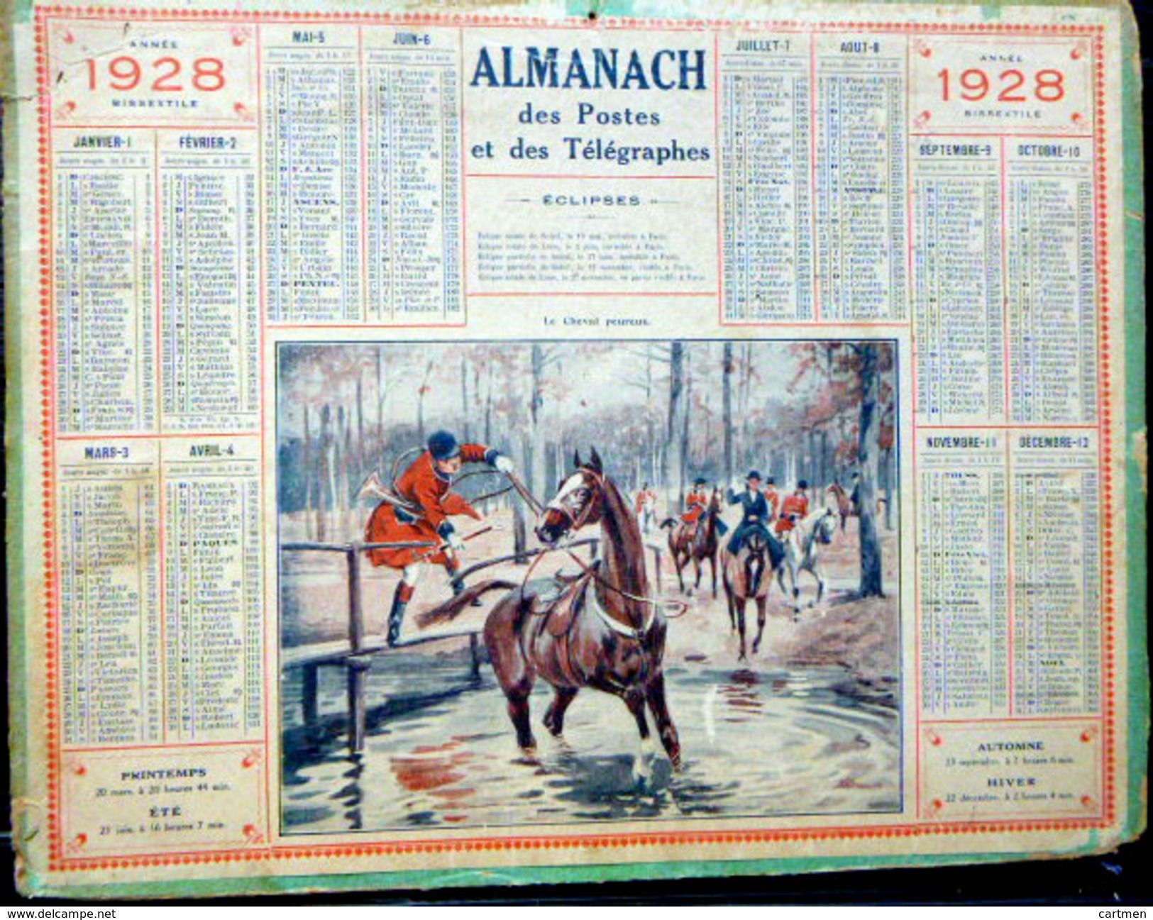 CALENDRIER ALMANACH DES POSTES PTT 1928  LE CHEVAL PEUREUX   POSTES ET TELECOMMUNICATION - Formato Grande : 1921-40