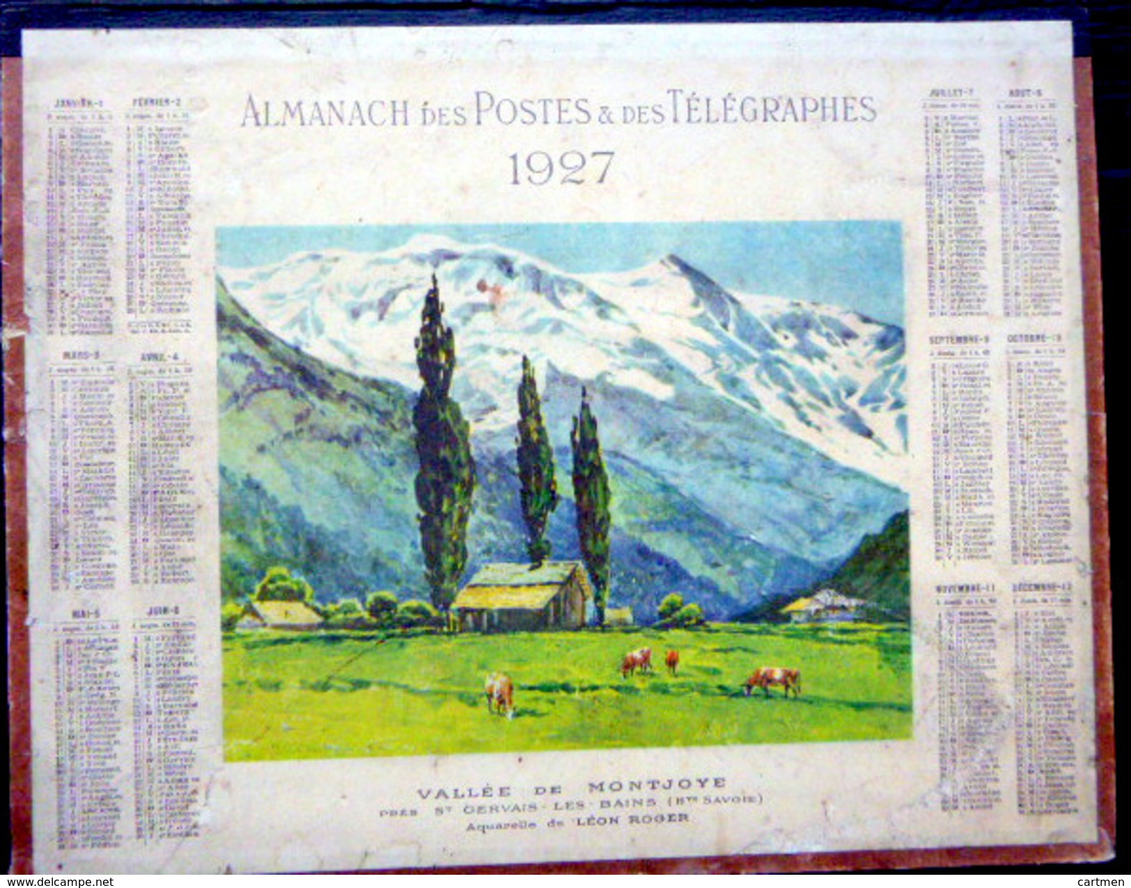 CALENDRIER ALMANACH DES POSTES PTT 1927 VALLEE DE MONTJOYE  SAINT GERVAIS  DEPARTEMENT CHER  POSTES ET TELECOMMUNICATION - Groot Formaat: 1921-40