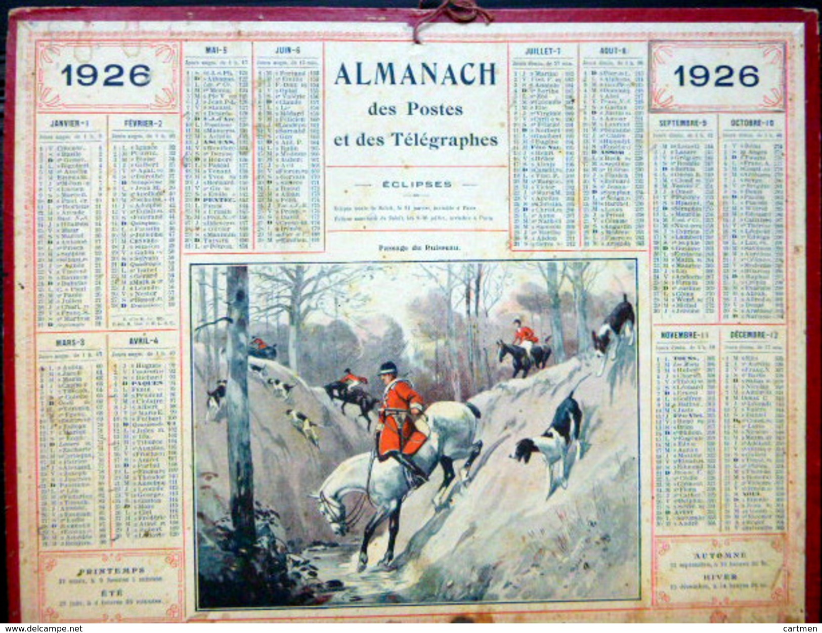 CALENDRIER ALMANACH DES POSTES PTT 1926 CHASSE A COURRE  PASSAGE DU RUISSEAU  POSTES ET TELECOMMUNICATION - Grand Format : 1921-40