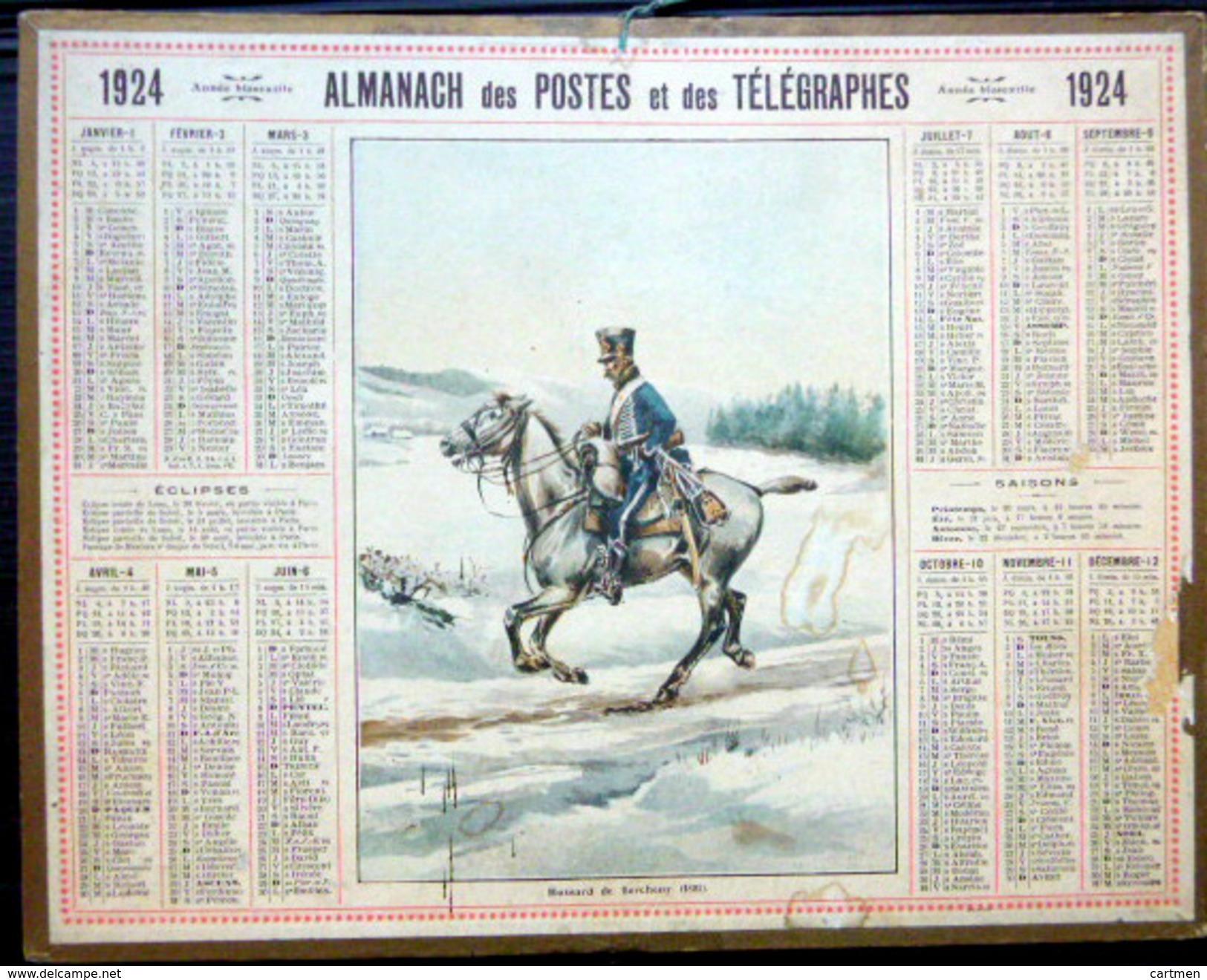 CALENDRIER ALMANACH DES POSTES PTT 1924 HUSSARD DE BERCHENY DEPARTEMENT DU CHER    POSTES ET TELECOMMUNICATION - Tamaño Grande : 1921-40