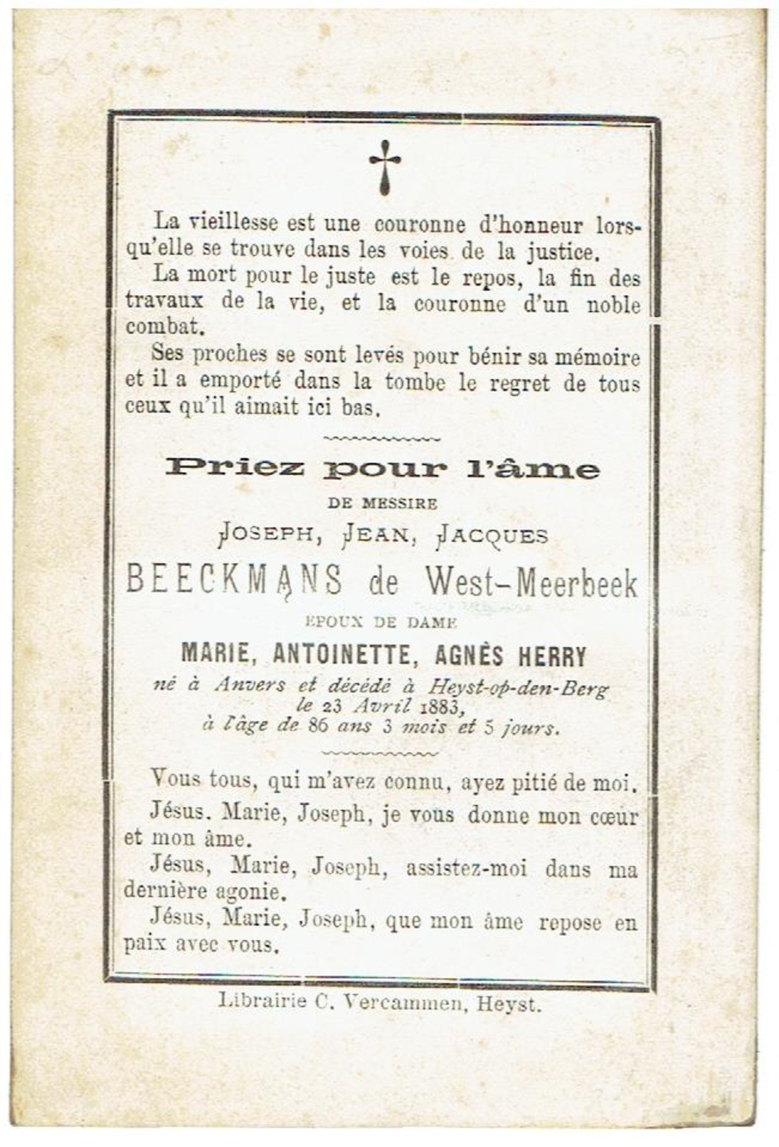 Joseph Jean Jacques BEECKMANS De West-Meerbeeck - Né à Anvers 1797 / Décédé Heyst-op-den-Berg 23 April 1883 - Devotion Images