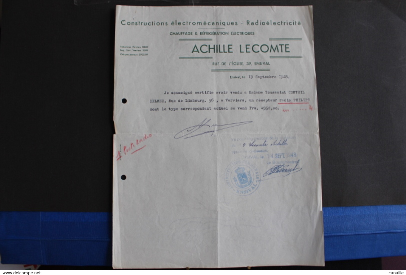 Fac-117 / Liège, Constructions électromécaniques - Radioélectricité - Achille Lecomte, Rue De L'Église,39, Ensival /1948 - Elektriciteit En Gas