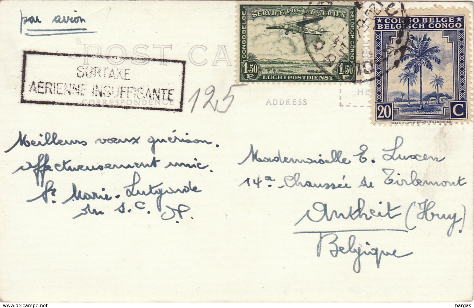 Congo Belge Par Avion SURTAXE AERIENNE INSUFFISANTE - Lettres & Documents