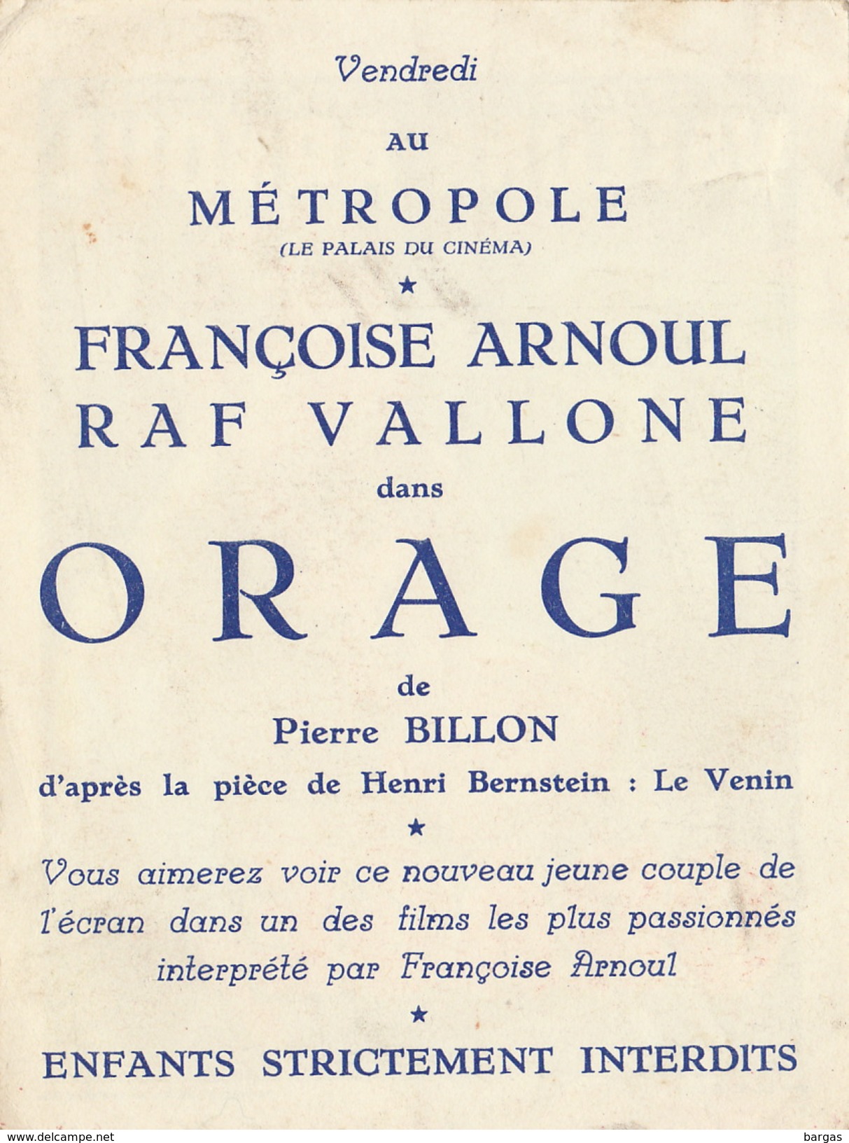 Petite Affiche De Présentation Du Film Orage Avec Raf Vallone Et Françoise Arnoul - Programme