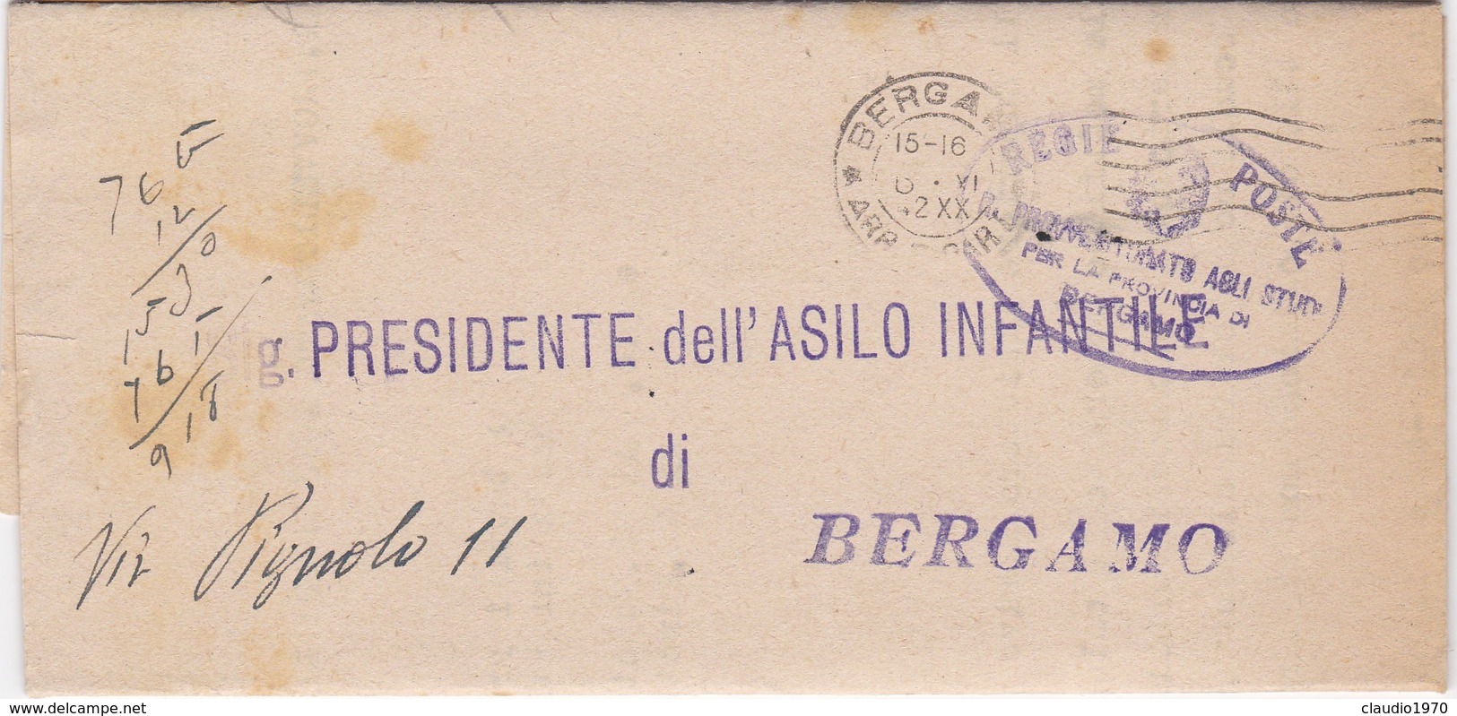 ITALIA - REGNO - STORIA POSTALE - PIEGO - Comunicazione-del Provveditorato Agli Studi  Di Bergamo. - Storia Postale