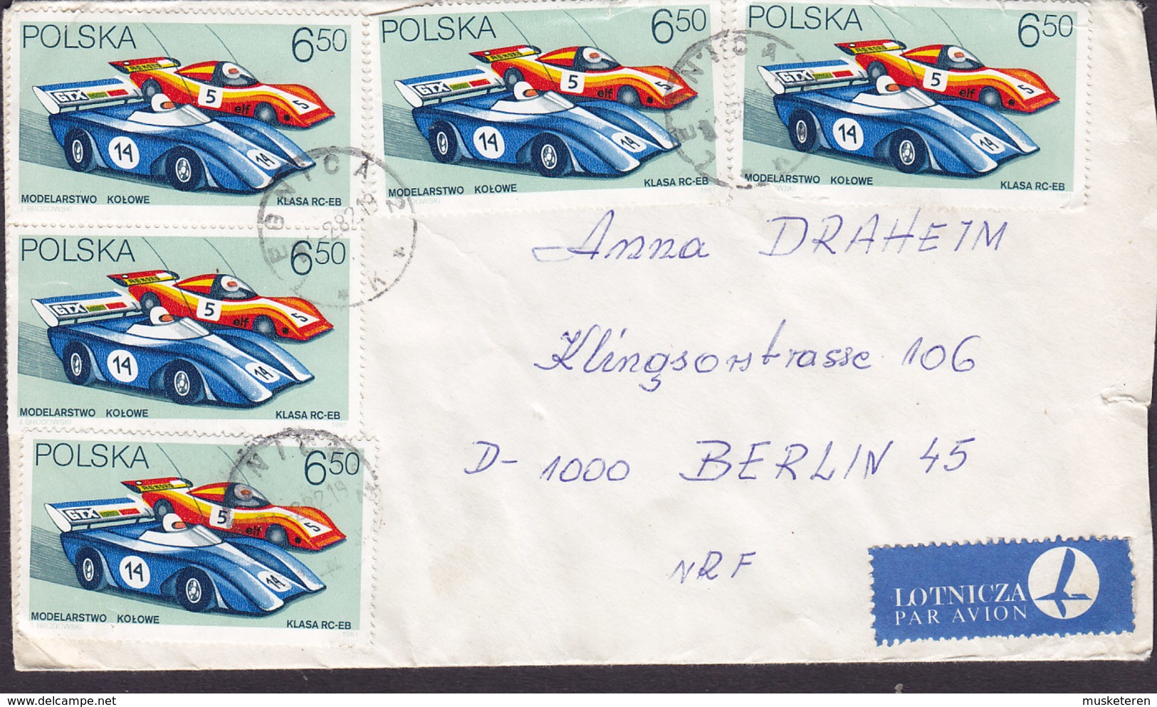 Poland LOTNICZA Par Avion Label LEGNICA 1982 Cover Brief BERLIN Germany 5x Sports Racing Cars Stamps - Briefe U. Dokumente