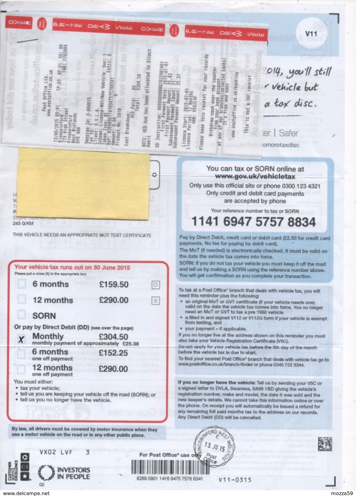 Great Britain 2015, Kingswinford (West Midlands)  Complete Document, Receipt For Car Tax, Kingswinford "E" Cancel - Covers & Documents