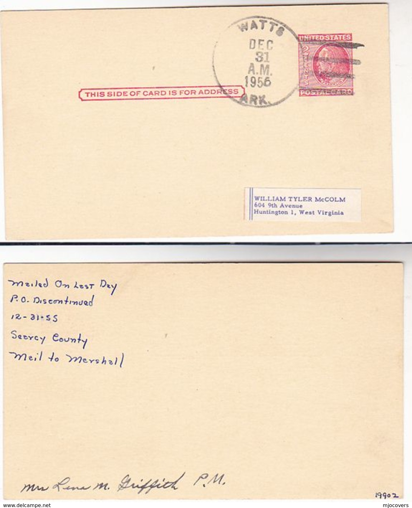 1956  SIGNED LAST DAY Of WATTS Ark POST OFFICE Postal STATIONERY CARD Usa Cover Stamps Event - 1941-60