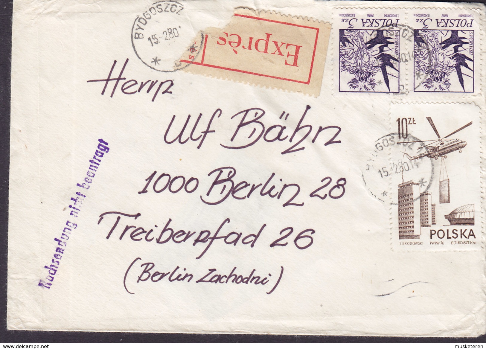 Poland EXPRÉS Label BYDGOSZCZ 1980 Cover Brief BERLIN Germany 'Rüchsendung Nicht Beantragt' Line Cds. (3 Scans) - Briefe U. Dokumente