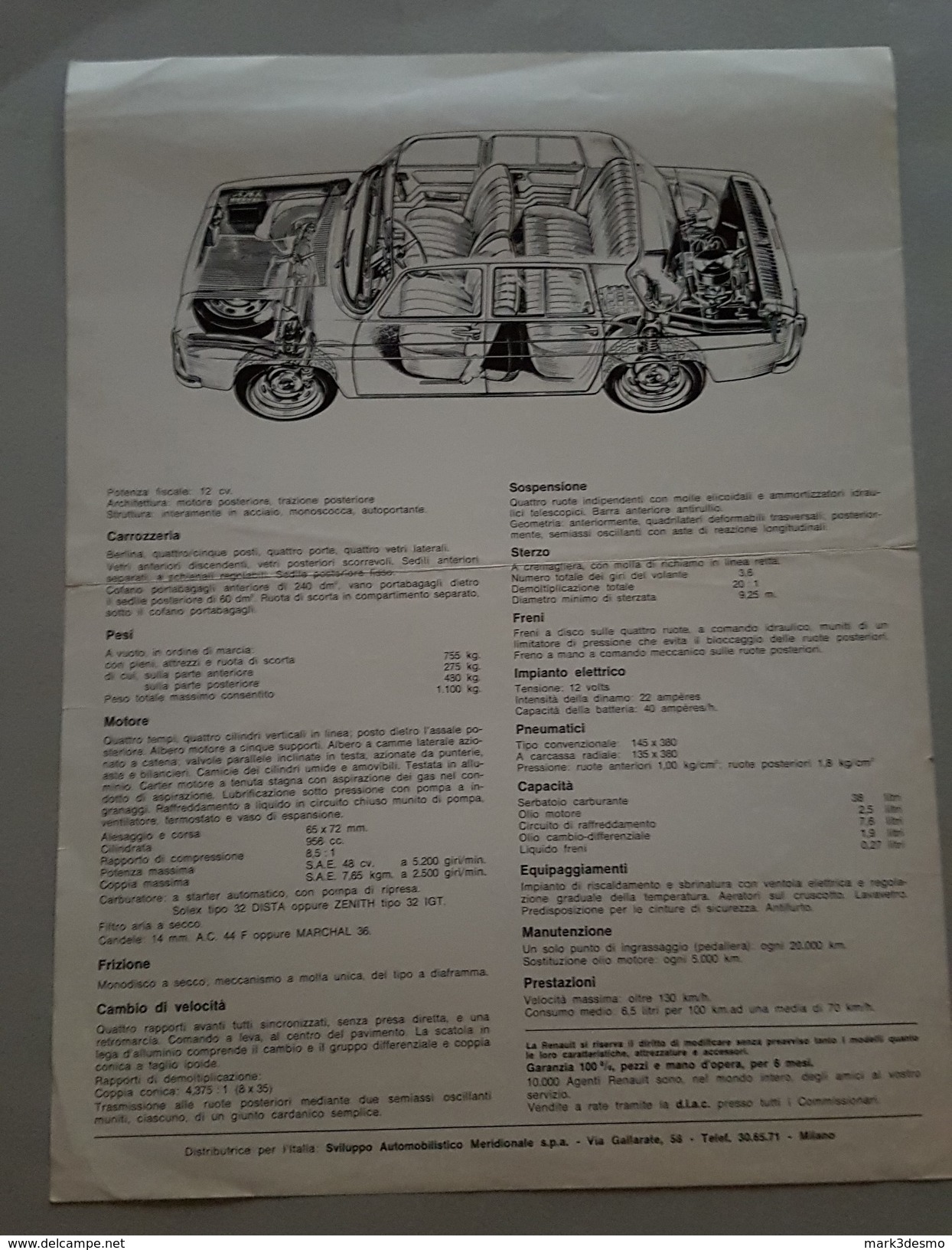 Renault 8 Depliant Originale Auto - Genuine Car Brochure - Prospekt - Motoren