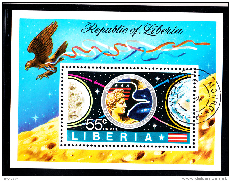 Liberia Used 1973 #C196 Souvenir Sheet 55c Apollo 17 Badge, Moon, Earth - Liberia
