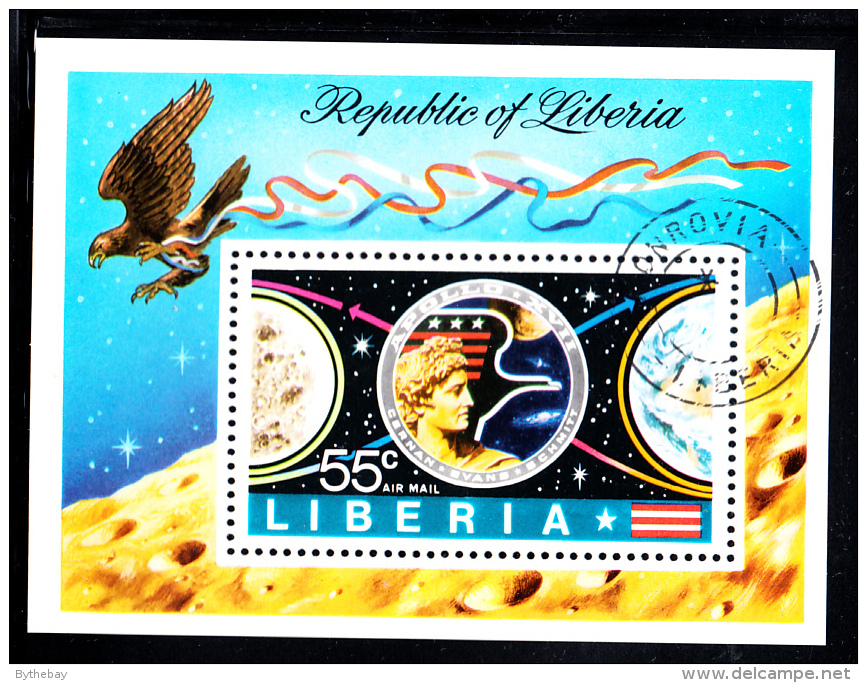 Liberia Used 1973 #C196 Souvenir Sheet 55c Apollo 17 Badge, Moon, Earth - Afrique