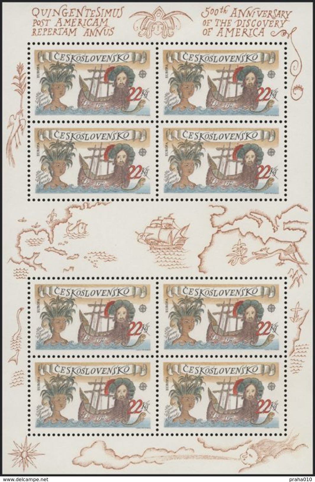 Czechoslovakia / Stamps (1992) 3006 A: 500th Anniversary Of The Discovery Of America (EUROPA / CEPT) Painter: Adolf Born - American Indians