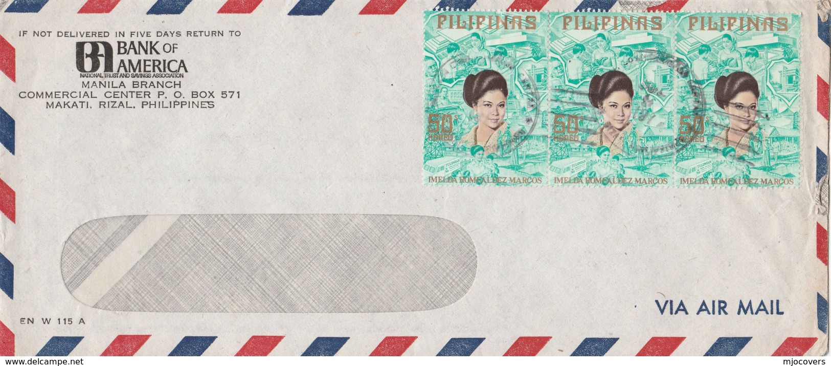 1970s Air Mail PHILIPPINES BANK Of AMERICA COVER Franked  3x 50s  IMELDA MARCOS Stamps Banking Finance - Philippines