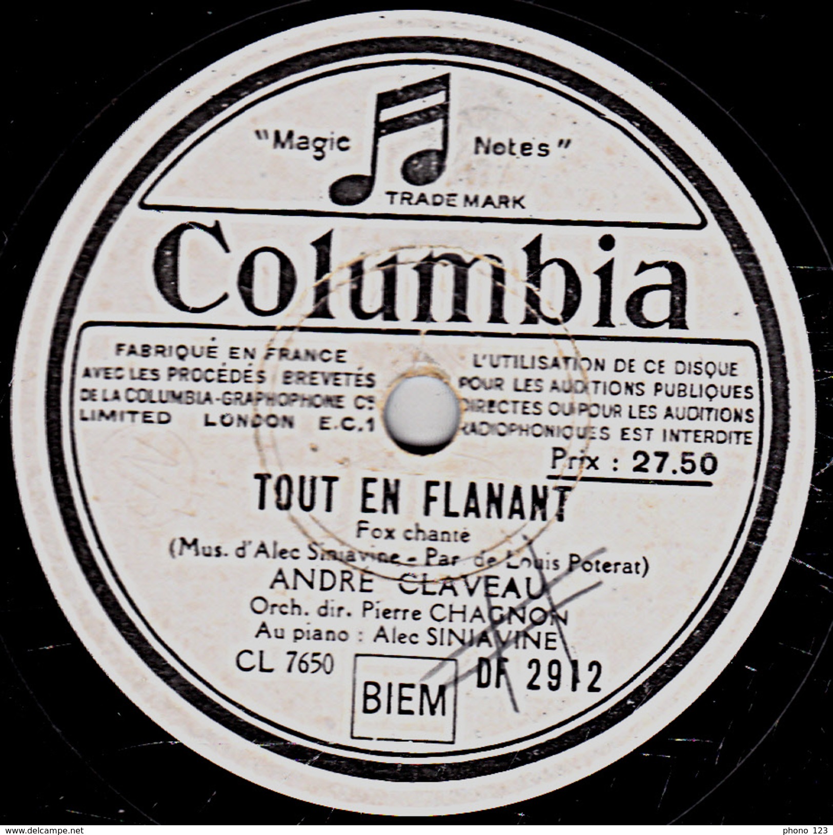 78 T.- 25 Cm - état B -  ANDRE CLAVEAU - LES YEUX FERMES - TOUT EN FLANANT - 78 T - Disques Pour Gramophone