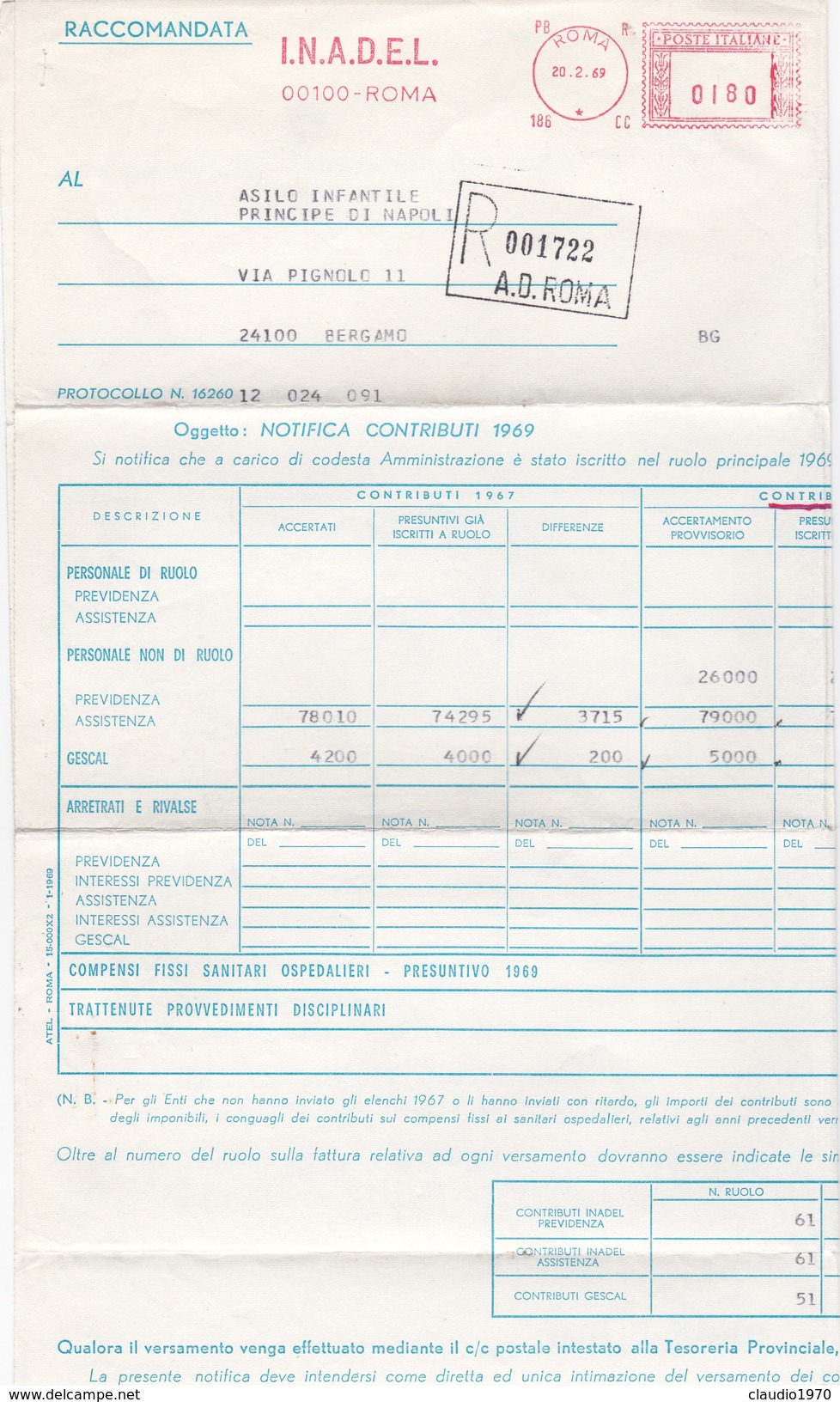 Documento (busta) Notifica Contributi . - Macchine Per Obliterare (EMA)