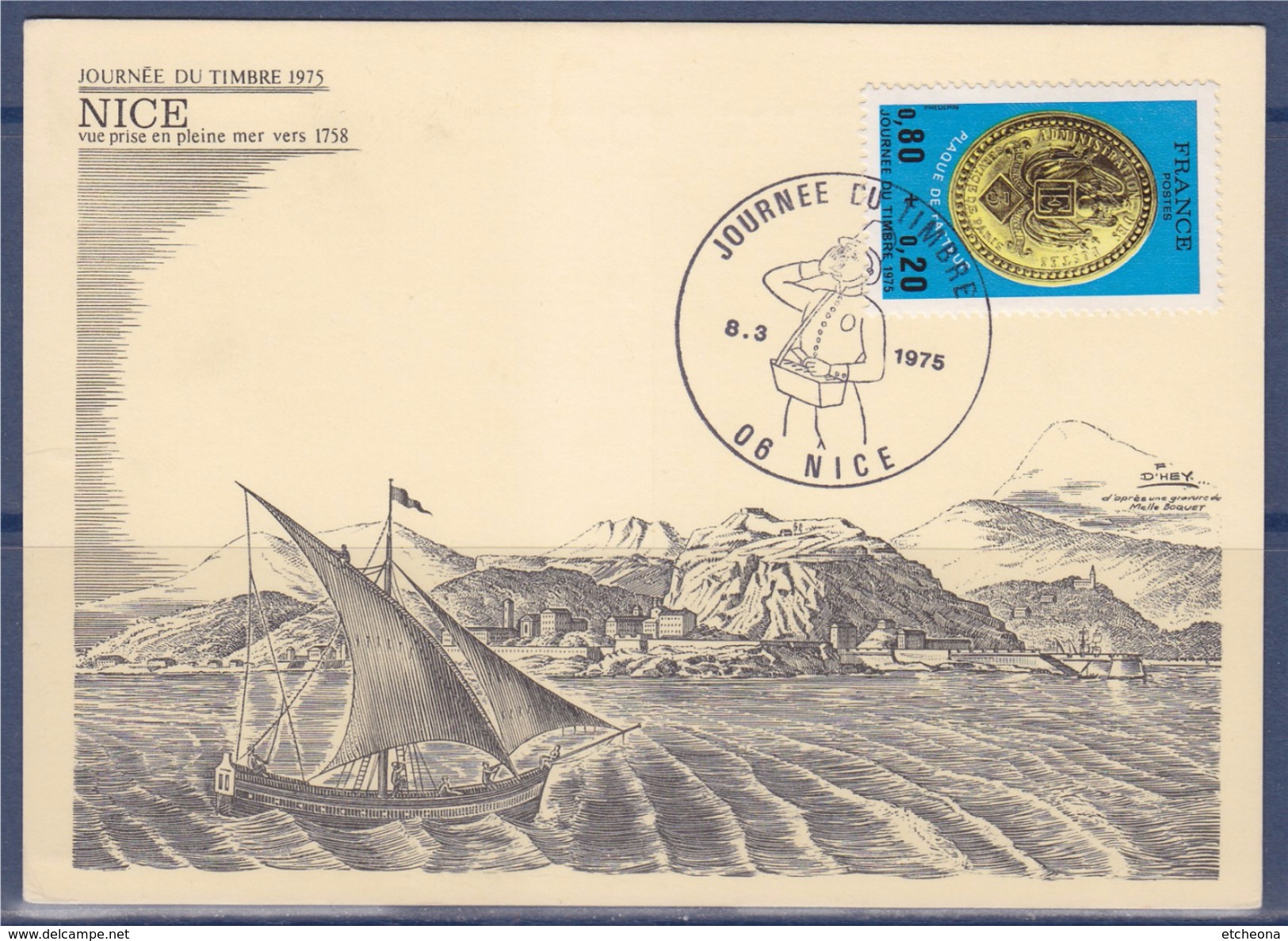 Journée Du Timbre 1975 Carte Postale 1er Jour Nice 8.3.75 N°1838 Illustration CP Vue Prise En Pleine Mer Vers 1758 - Journée Du Timbre