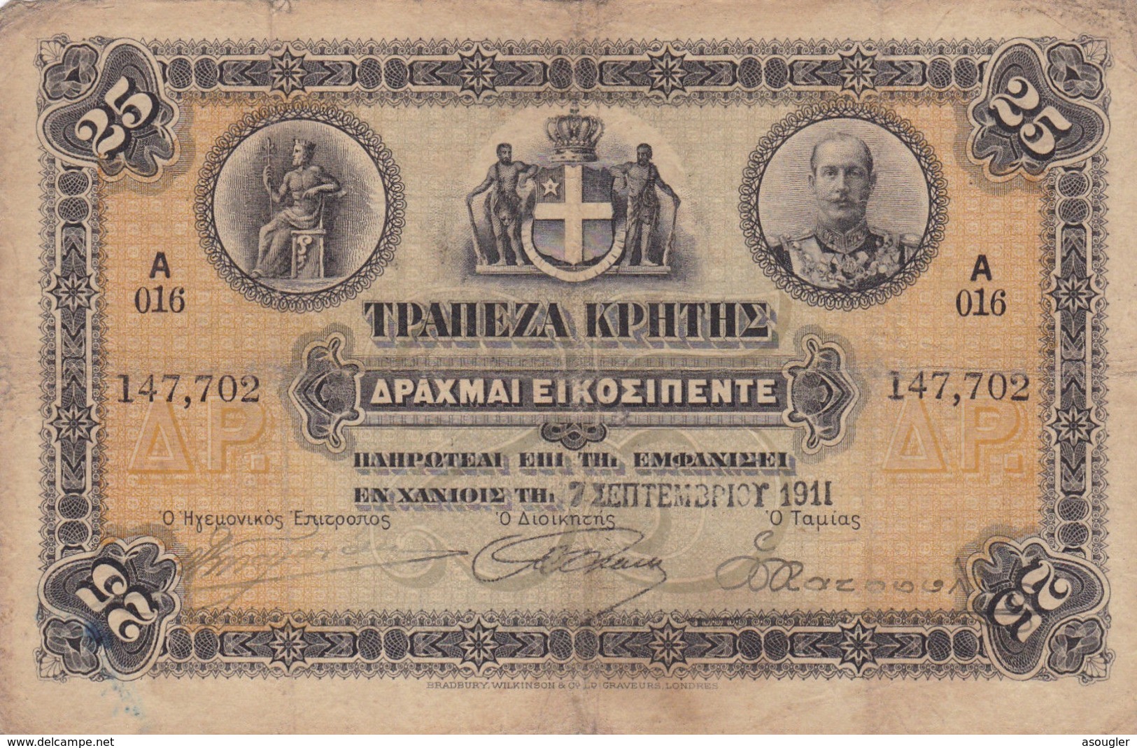 GREECE BANK OF CRETE CRETA 25 Drx. 7/9/1911 (Pick S153) VG- F - Grèce