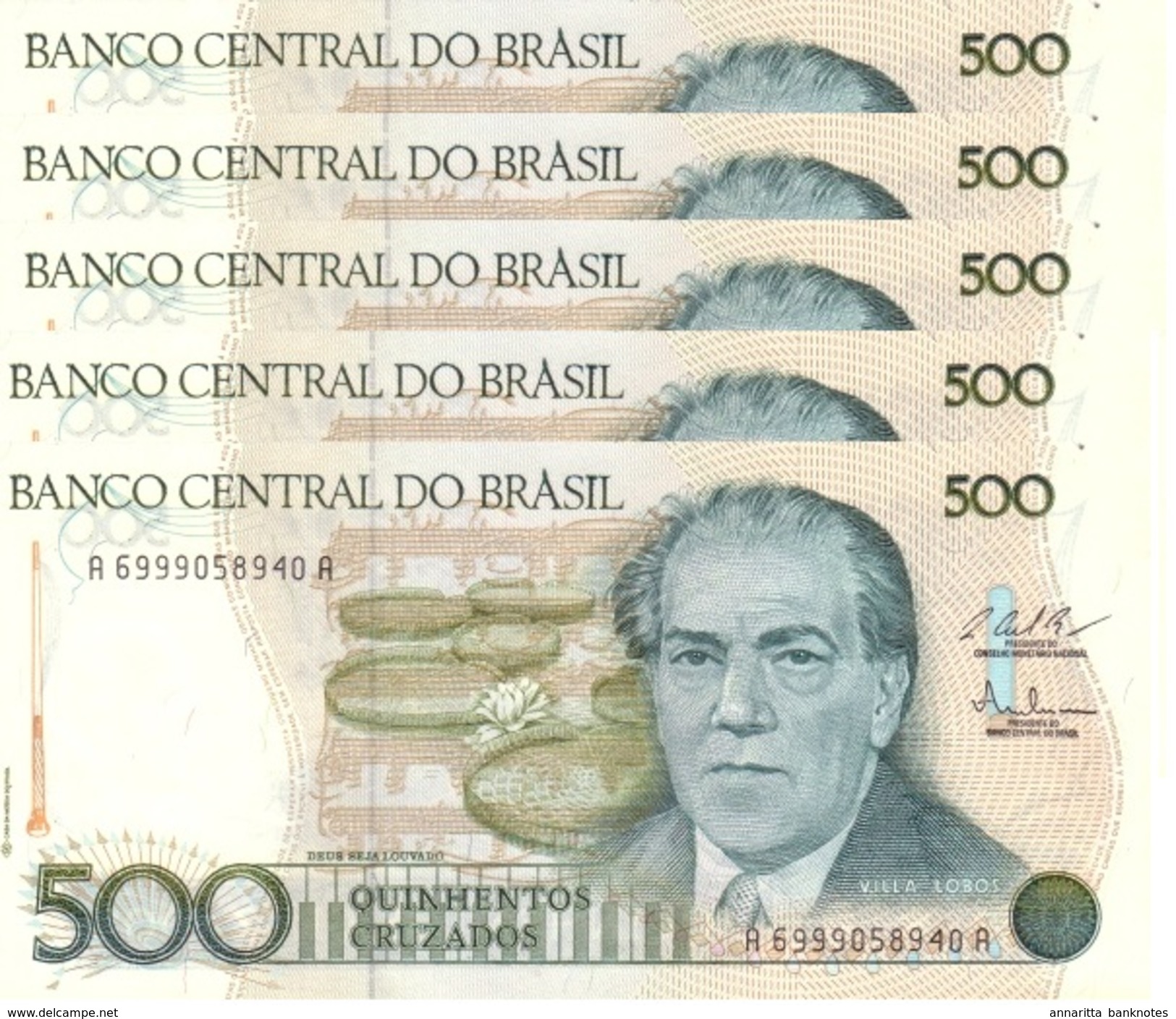 BRAZIL 500 CRUZADOS ND (1987) P-212 UNC 5 PCS [BR834c] - Brazil