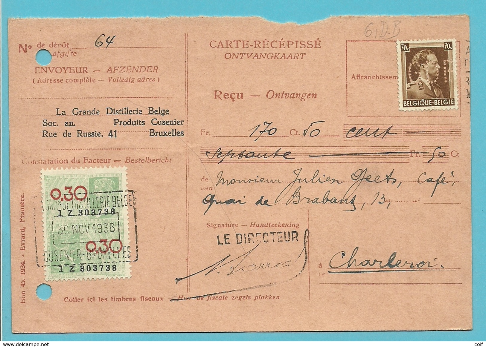 427 Op Ontvangkaart (Carte-recepisse) Niet Afgestempeld, Met Firmaperforatie (perfin) "GDF" Grand Distillerie Belge - 1934-51