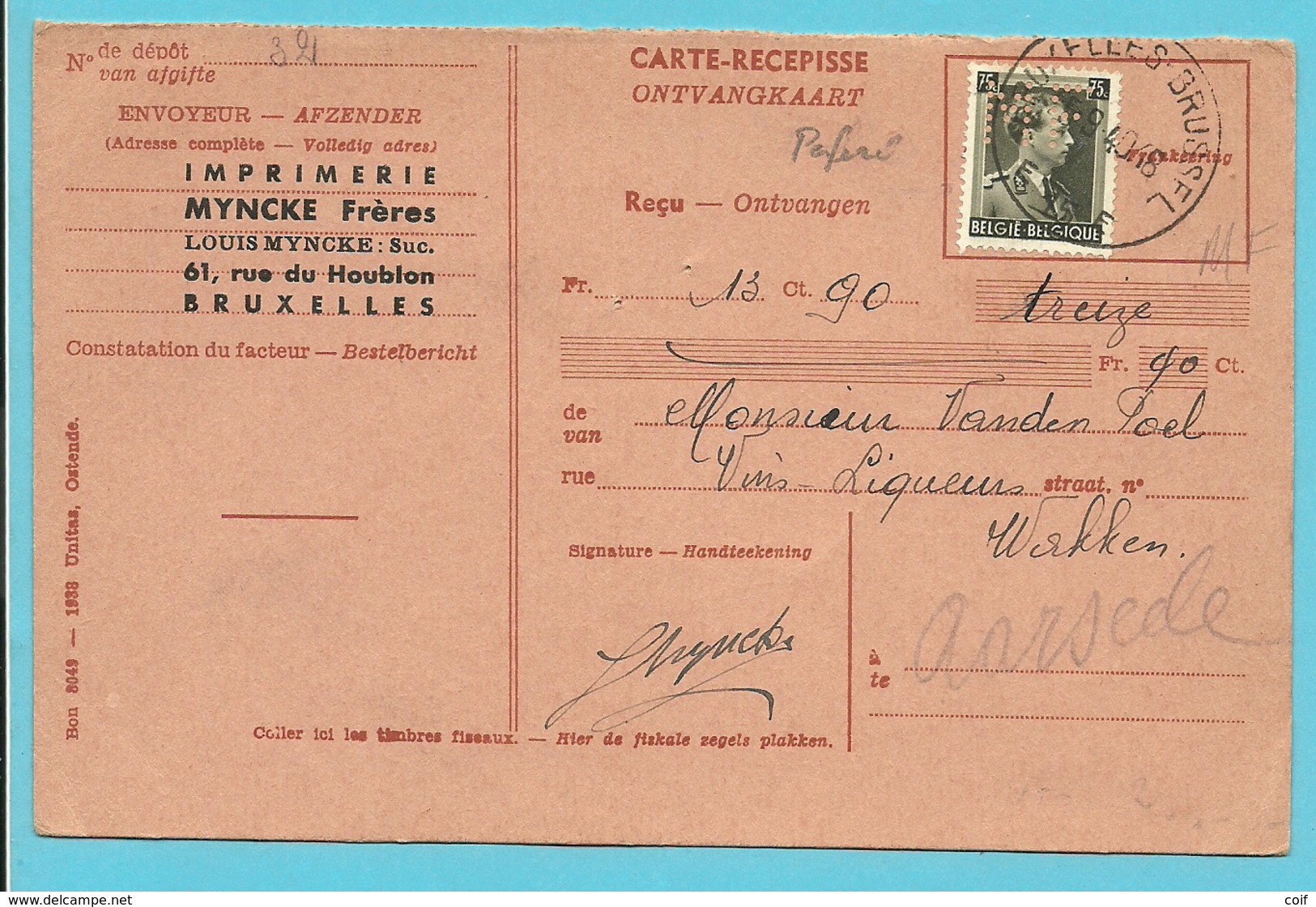 480 Op Ontvangkaart (Carte-recepisse) Met Stempel BRUXELLES, Met Firmaperforatie (perfin) "MF" Imprimerie MYNCKE - 1934-51